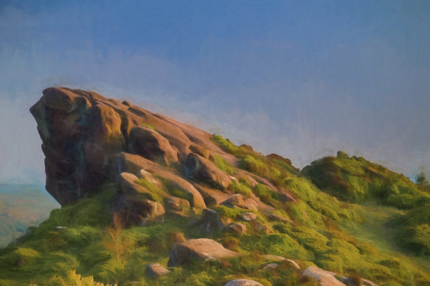 数字绘画石南和岩石在拉姆肖岩石在蟑螂在皮克区国家公园。图片下载