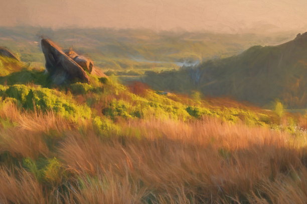 数字绘画石南和岩石在拉姆肖岩石在蟑螂在皮克区国家公园。图片下载