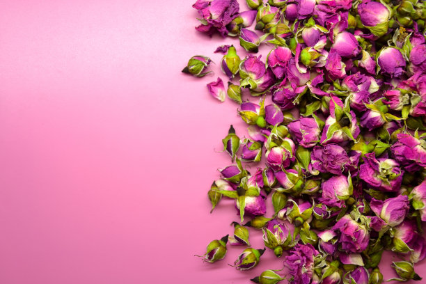 干粉红玫瑰。美丽的粉红色的花。草本植物。干粉红色玫瑰花蕾背景。图片下载