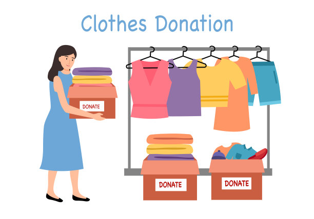 善良的女人带着衣服捐赠。志愿者准备善款箱。图片下载