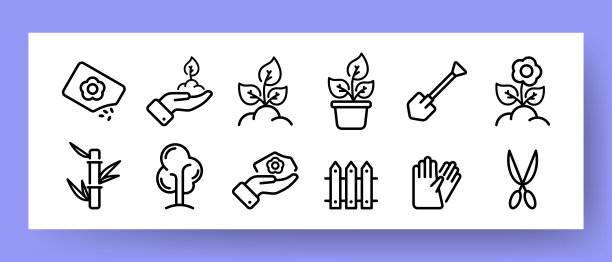 种植设置图标。种子、芽、植物、铲子、花、树、肥料、手套、剪刀。园艺的概念。矢量线图标的业务和广告图片下载