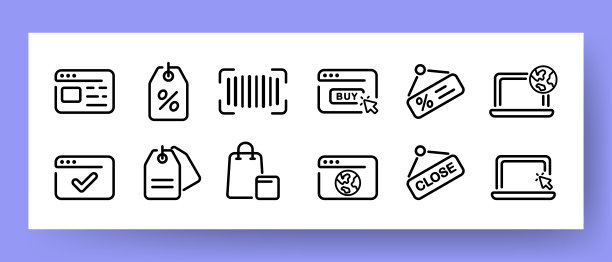 在线订购设置图标。网站、优惠券、条码、购买、折扣、笔记本电脑、打开、关闭等。购物的概念。矢量线图标的业务和广告图片下载