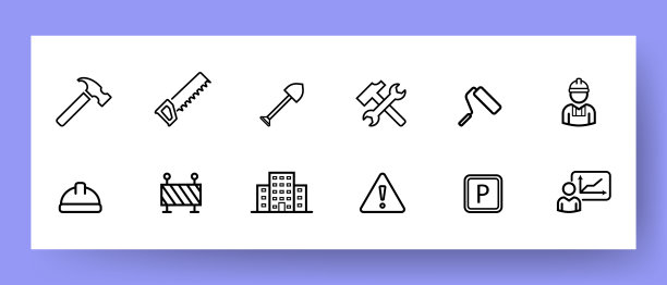 建设集图标。锤子，锯子，铲子，压路机，建筑商，建筑，危险，停车，项目，头盔。? onstructing概念。矢量线图标的业务和广告图片下载