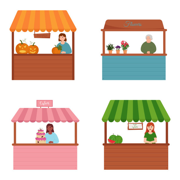一套摊位柜台。食品市场柜台，货架上摆放着蔬菜、南瓜、蛋糕和鲜花。图片下载