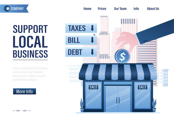 本地业务支持，登陆页面模板。手把钱放在商店里，在小企业里购物。创业发展，励志旗帜。图片下载