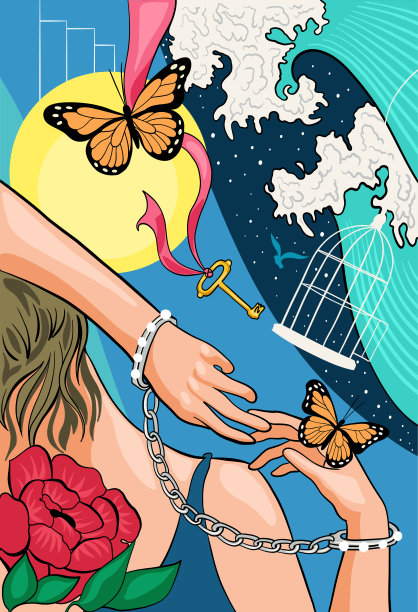 一个女人戴着珍珠手铐，带着一个打开的鸟笼和一把钥匙，背景是海浪和城市图片下载