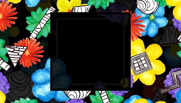 水彩模板彩色花园和几何花，洋甘菊，莲花，绣球在黑暗的背景为您设计图片下载