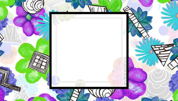 水彩模板丰富多彩的花园野花和几何形状，黑色框架上的白色背景为您设计图片下载