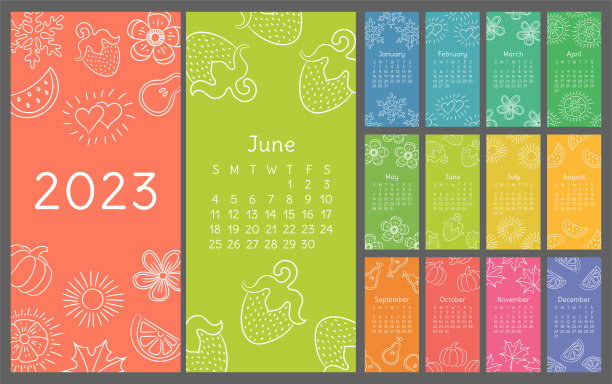 日历2023彩色手绘草图。涂鸦花，心，叶，草莓，西瓜，太阳，雪花，南瓜，梨。薄刷图图片下载