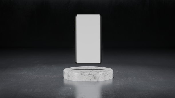 白色屏幕和大理石平台的现代智能手机。3d插图渲染。用于商业、市场、广告等。简单的可定制的图片下载