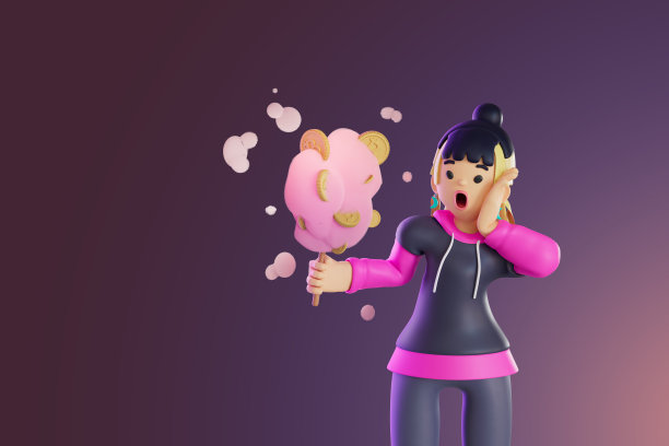 女人手里拿着棉花糖上面有加密饼干币。3 d渲染,插图图片下载