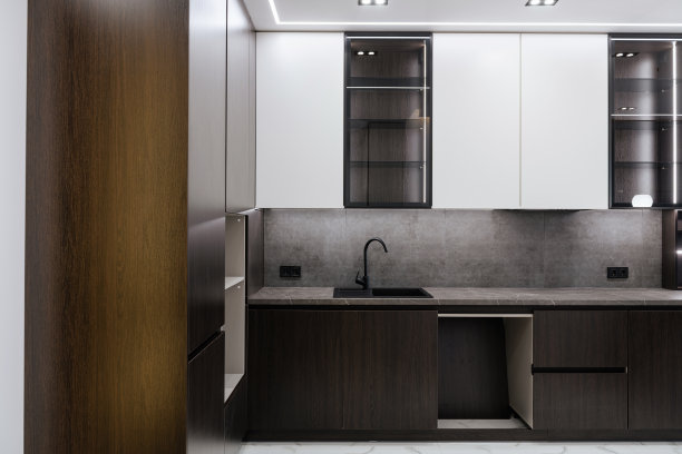 新厨房的内部有深色和浅色的立面和玻璃图片下载