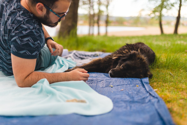 一个年轻人躺在一条野餐毯子上，旁边是他的狗，而放松在一个湖泊的自然图片下载