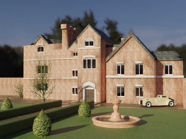 有公园和喷泉的老别墅图片下载