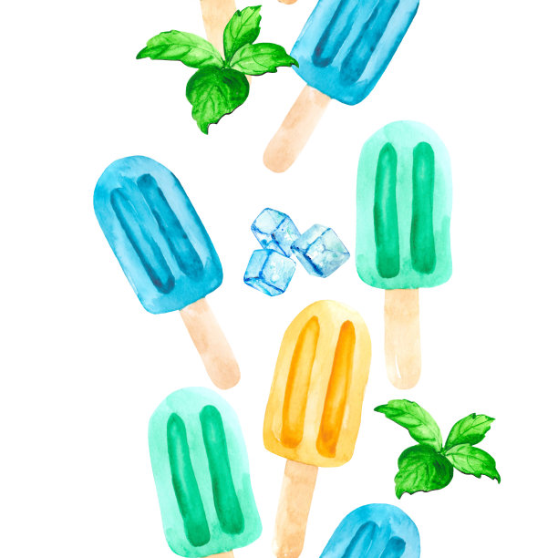 水彩背景与冰淇淋棒，冰块和新鲜薄荷叶。无缝图案鲜艳的墙纸，纺织品，包装，办公室和床上用品。素材图片