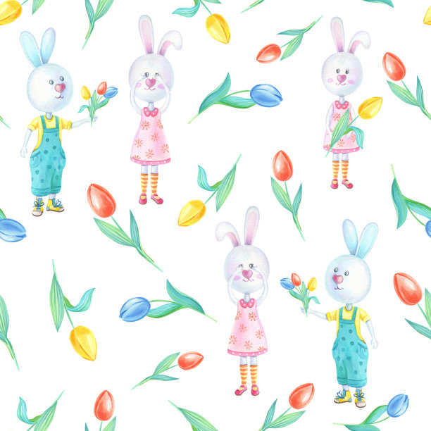 水彩兔子和郁金香。男孩和女孩兔子花在白色的背景。春天图片下载