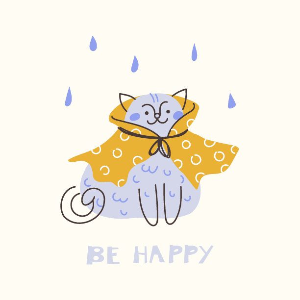 可爱的小猫在雨中穿着衣服，开心极了。手绘涂鸦插图图片下载