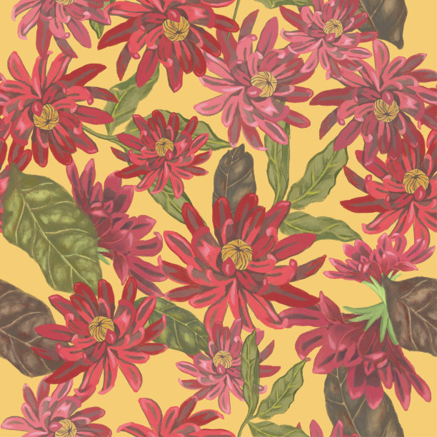 紫色，勃艮第无缝图案手绘红色花朵和叶子卡片打印和邀请图片下载