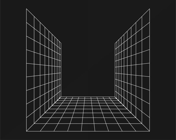 网络网格，复古朋克透视矩形隧道。网格隧道几何黑色背景。矢量图图片下载