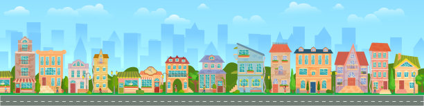 城市街道的野花。明亮的房屋，步行的行人，城市全景。商店和商店。夏天的城市。矢量插图在卡通风格。图片下载