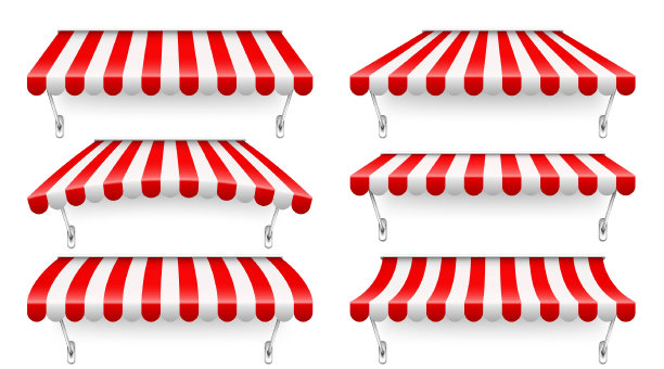 商店有金属支架的遮阳伞。现实的红色条纹咖啡馆遮阳篷。户外帐篷市场。屋顶树冠。夏季街头商店。矢量插图。图片下载