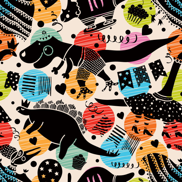 无缝图案与可爱的卡通恐龙。图片下载