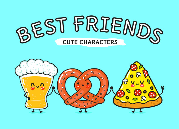 可爱，有趣，快乐一杯啤酒，披萨和椒盐卷饼。矢量手绘卡通卡哇伊人物，插图图标。搞笑卡通杯啤酒、披萨和椒盐卷饼的吉祥物朋友概念图片下载