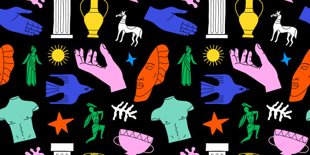 古希腊雕像与古典古纪念碑无缝图案图片下载