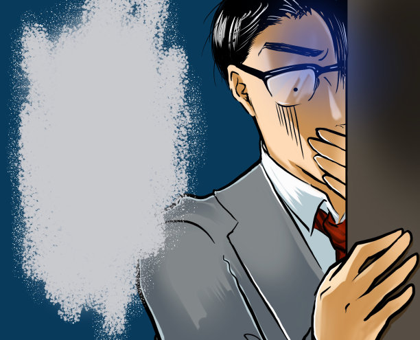 一个英俊的戴眼镜的办公室职员的卡通插图，他发现了公司的秘密，并通过墙上的裂缝目睹了它。图片下载