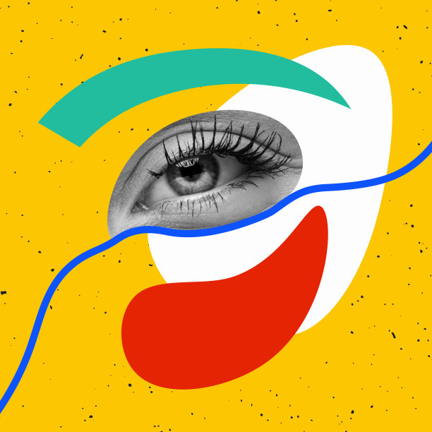 当代色彩丰富和概念明亮的艺术拼贴。美丽的女性眼睛和绘制的面孔元素孤立在黄色的背景图片下载