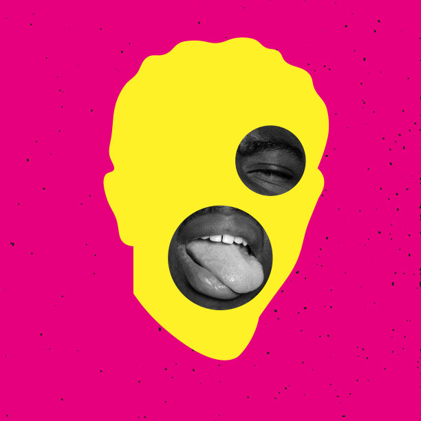 当代色彩丰富和概念明亮的艺术拼贴。年轻人做鬼脸，在粉红色的背景上孤立地伸出舌头。图片下载