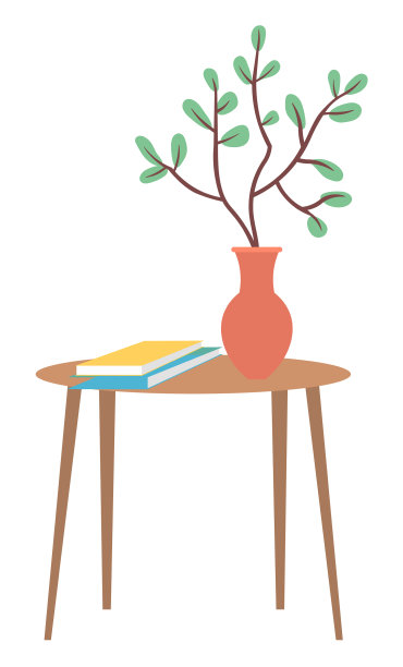 桌子与杂志和植物在花瓶孤立图片下载