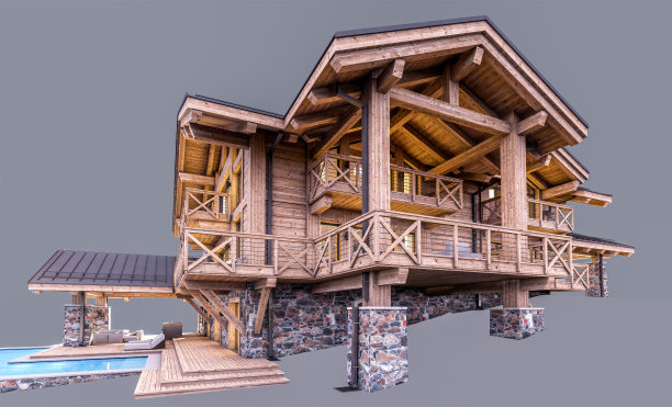 3d渲染现代舒适小屋在傍晚孤立在灰色上图片下载