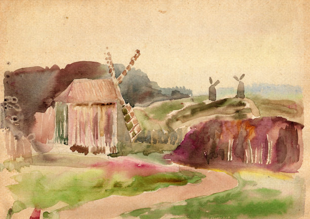 画水彩风景。山上古老的木制风车，传统的乌克兰民间建筑，森林，草地和田野图片下载