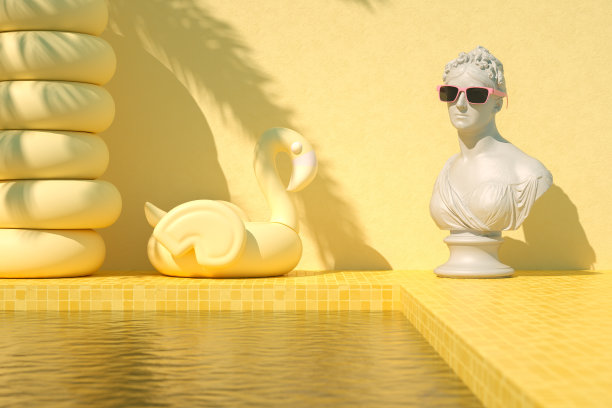 胸像雕塑与太阳镜在游泳池夏季度假旅游的背景棕榈树的影子图片下载