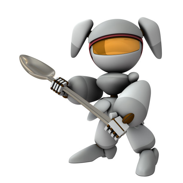 做家务和烹饪。拿着一个大烹饪锅的女机器人。一个由曲面组成的可爱的白色机器人。孤立的白色背景。3 d渲染。图片下载