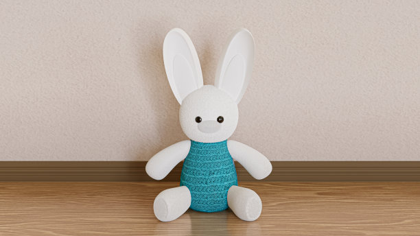 可爱的小兔子穿着蓝色的毛衣。3 d渲染插图。图片下载