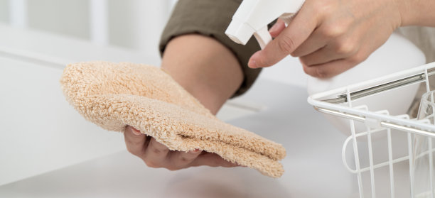 一位家庭主妇正在家庭厨房做春季大扫除。图片下载