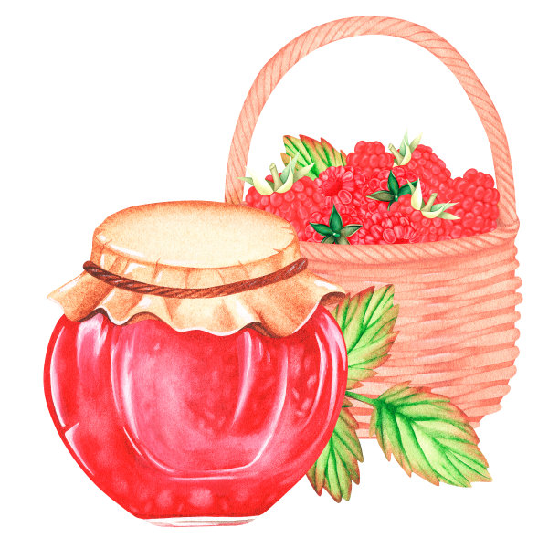 用一篮覆盆子做果酱。水彩插图。孤立在白色背景上。为设计。图片下载