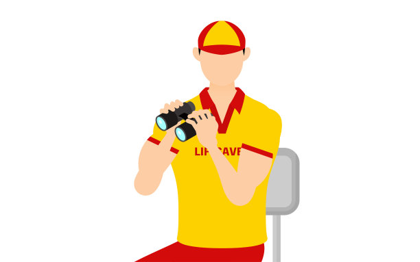 男救生员摆好姿势，用瞭望塔上的双筒望远镜检查安全图片下载