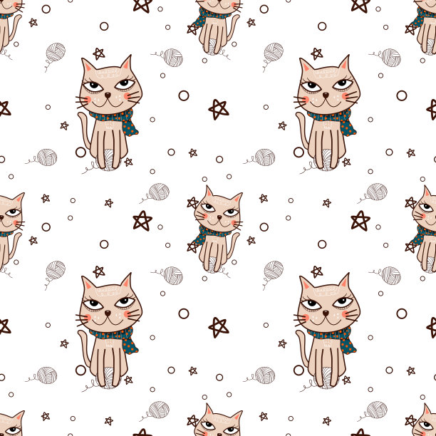 可爱无缝图案的猫在白色背景。图片下载