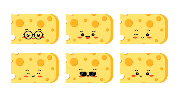 可爱的奶酪字符与孔切片向量集孤立在白色背景。图片下载