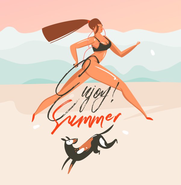 手绘矢量抽象卡通夏季时间图形插图艺术模板背景与海洋海滩景观，粉红色的日落，奔跑的女孩和狗享受夏天排版文字图片下载