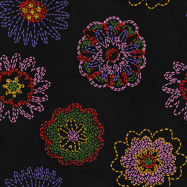 无缝花型绣花工艺。编织花卉装饰爱好。复古图案的织物与花朵，树叶，郁金香。数字刺绣。农舍核心的老式纺织品。优雅的民族民间图片下载