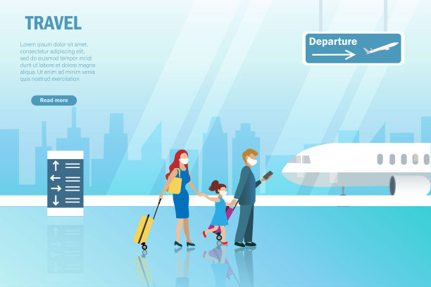 家属乘客在机场候机楼戴着口罩，手提行李。COVID-19大流行期间保持社交距离和预防飞机安全旅行的概念。图片下载