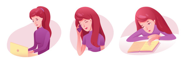 年轻女子在工作和学习集，女孩坐在笔记本电脑，看书，拿着手机图片下载