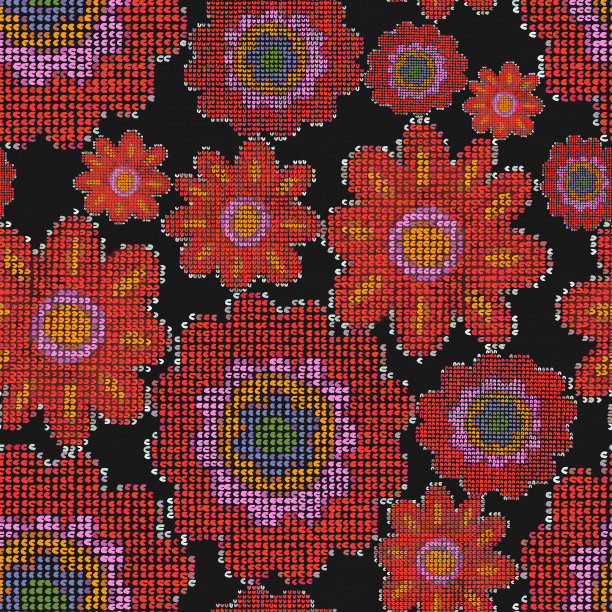 无缝花型绣花工艺。编织花卉装饰爱好。复古图案的织物与花朵，树叶，郁金香。数字刺绣。农舍核心的老式纺织品。优雅的民族民间图片下载