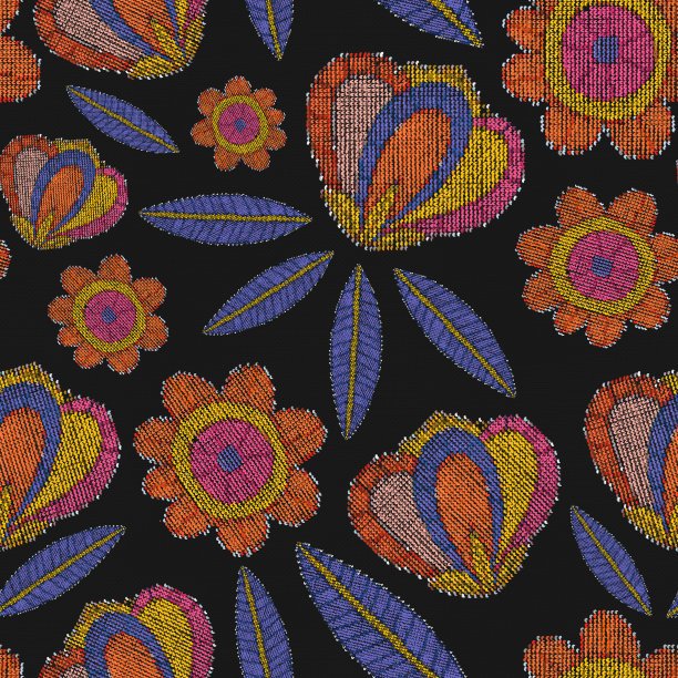 无缝花型绣花工艺。编织花卉装饰爱好。复古图案的织物与花朵，树叶，郁金香。数字刺绣。农舍核心的老式纺织品。优雅的民族民间图片下载