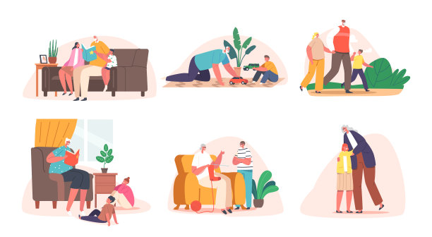 安排孙辈与祖父母共度时光。祖父和祖母与小男孩一起散步，玩耍图片下载