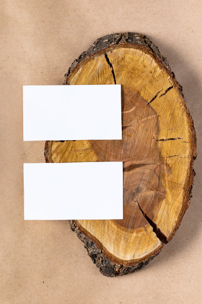 空的白色名片模拟在木砍树节米色背景。图片下载